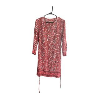 LOFT Women's S Red Floral Tie Waist Peasant Tunic Dress‎ 3/4 Sleeve